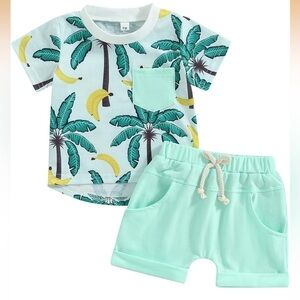 12-18M Palm Tree and Banana Print Shirt with Mint Shorts Toddler Matching Set